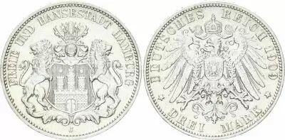 Germany City of Hamburg - 3 Silver Mark - 1909 J