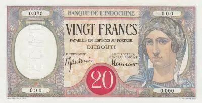 Gibuti 20 Francs Peacock, red circle - Specimen - ND (1938) - UNC - P.7Bs
