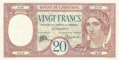 Gibuti 20 Francs Peacock ND (1932) - Specimen - P.7as