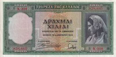 Gr�ce 1000 Drachms - Femme - Parth�non - 1939 - S�rie K.114 - P.110a