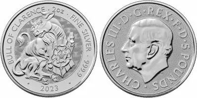 Gro�britannien 5 Pounds Charles III - The royal Tudor Beasts - Bull of Clarence - 2023 - 2 Oz Silver