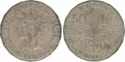 Guadeloupe 50 Centimes Indian\'s head - 1921 - VF - KM.45