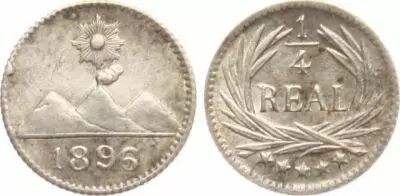 Guatemala 1/4 Real - Radiant sun above 3 volcanoes - 1896 - Silver