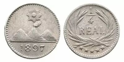 Guatemala 1/4 Real - Radiant sun above 3 volcanoes - 1897 - Silver