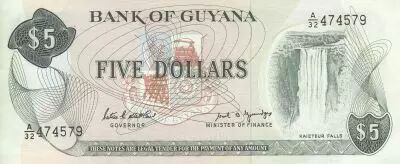 Guayana 5 Dollars - Kaieteur Falls - Bauxite mining - 1989 - Serial A.32