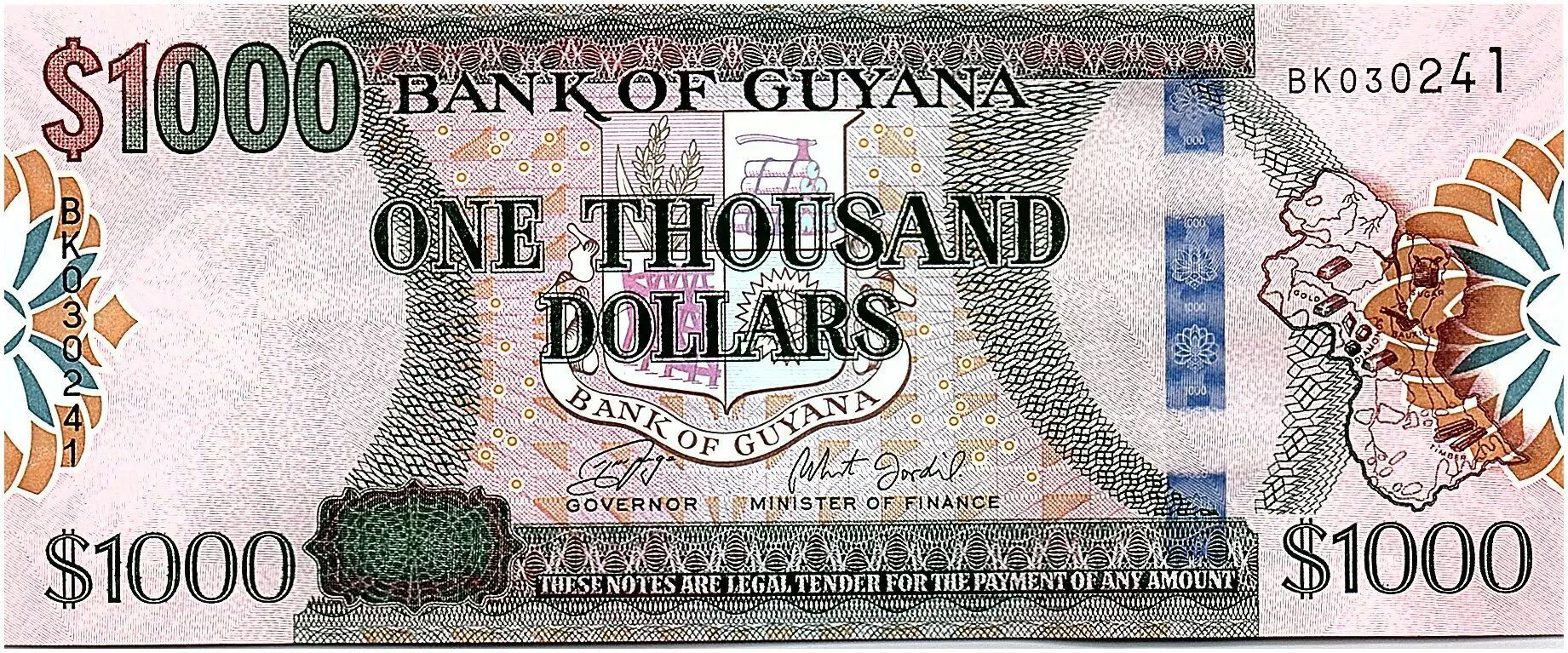 Banknote Guyana 1000 Dollars Arms Island map ND (2019) UNC