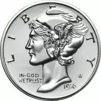 Guyane Fran&ccedil;aise Libert Mercury Dime 1916 - 2 ONCES ARGENT BULLION (Reproduction Haut-Relief)