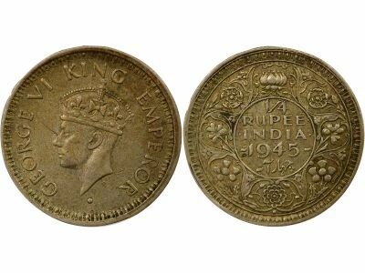 Indes Britanniques George VI - 1/4 Roupie Argent, petit 5 - 1945 . Bombay