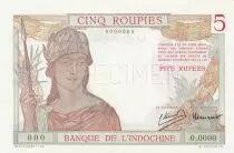 Indes Françaises 5 Roupies - Femme casquée - Specimen - ND (1945) - Kol.309bs