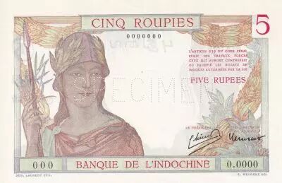 India Francesa 5 Rupees  - Specimen - ND (1945)