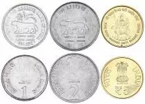 India Set of 3 Coins - 1,2,5 Rupees - 2010-2012