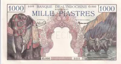 Indochina Francesa 1000 Piastres - Elephants - Specimen - 1951