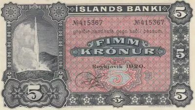 Islandia 5 Kronur Geyser - 1920 - UNC - P.15r