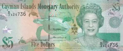 Isole Cayman 5 Dollars Elizabeth II and Turtles - Parrots - 2018 - Serial D.3