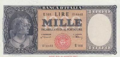 Italia 1000 Lires Italia - 1948 - XF - Serial E 168 - P.88a