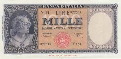 Italia 1000 Lires Italia - 1948 - XF - Serial V 168 - P.88a