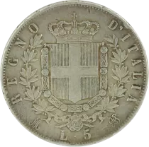Italia 5 Lire, Victor Emmanuel II - Arms - 1874 M BN