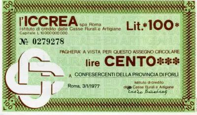 Italie 100 Lire ICCREA - 1977 - Roma - � Confesercenti della Provincia di Forli - NEUF