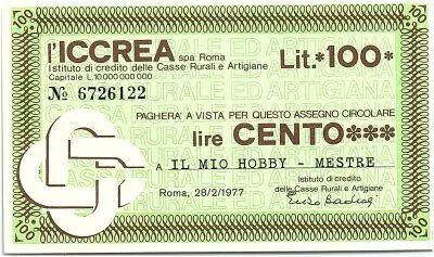 Italie 100 Lire ICCREA - El Mio Hobby - Mestre - 1977 - Neuf