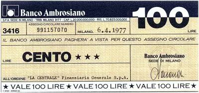 Italie 100 Lires Banco Ambrosiano - 06-04-1977 - La Centrale - Neuf