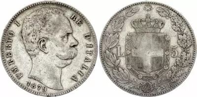 Italie 5 Lire - Umberto I - Armoiries - 1879 - Argent - R Rome - KM.20