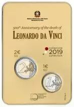 Italie Coffret 500 ans Mort de Léonard de Vinci - 2 Euros et 1 Euro Commémo. BU ITALIE 2019