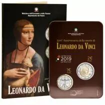 Italie Coffret 500 ans Mort de Léonard de Vinci - 2 Euros et 1 Euro Commémo. BU ITALIE 2019