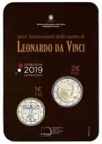 Italie Coffret 500 ans Mort de Léonard de Vinci - 2 Euros et 1 Euro Commémo. BU ITALIE 2019