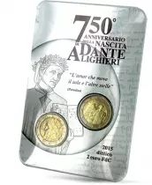 Italie Coffret 750 ans de Dante Alighieri - 2 Euros et 2 Euro Comm&eacute;mo. BU ITALIE 2015