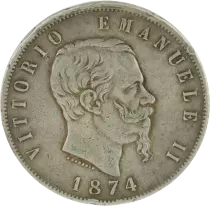 Italien 5 Lire, Victor Emmanuel II - Arms - 1874 M BN