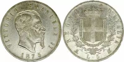Italien 5 Lire, Victor Emmanuel II - Arms - 1875 M BN