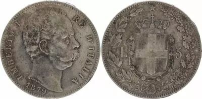 Italien 5 Lire Umberto I - Arms - 1879 R Roma Silver - KM.20