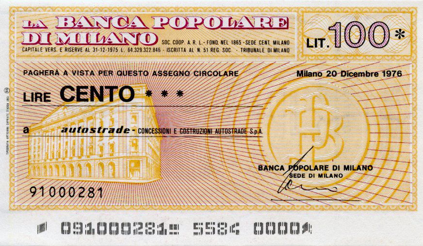 Banknote Italy 100 Lire Banca Popolare Di Milano 1976 Milano Unc