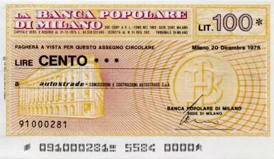Italy 100 Lire Banca Popolare di Milano - 1976 - Milano - UNC