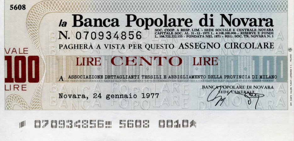Banknote Italy 100 Lire Banco Popolare Di Novara 1977 Novara Unc