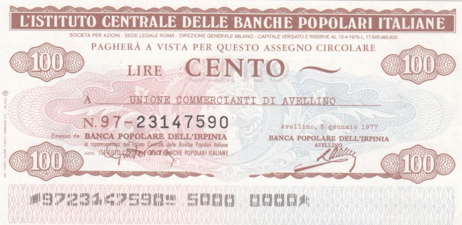 Banknote Italy 100 Lire Istituto Generale Delle Banche Popolari Italiane 1977 Unc Avelino