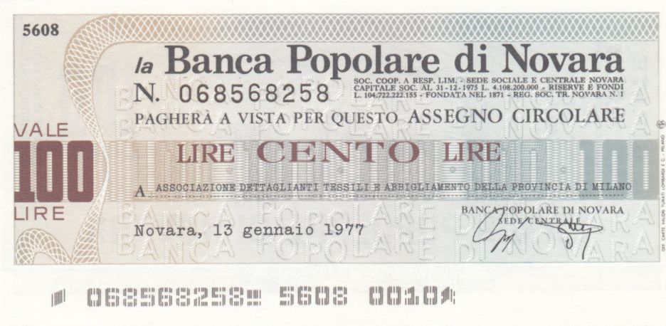 Banknote Italy 100 Lires Banca Popolare Di Novara 13 01 1977 Unc