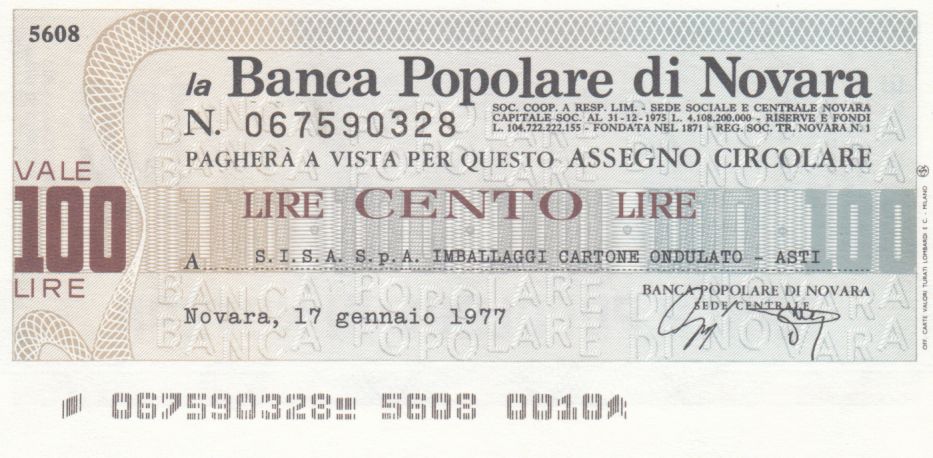 Banknote Italy 100 Lires Banca Popolare Di Novara 17 01 1977 Unc