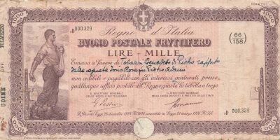 Italy 1000 Lire - Postal Bond - signed 20-09-1937