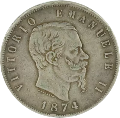 Italy 5 Lire - Victor Emmanuel II - Arms - 1874 M - Silver