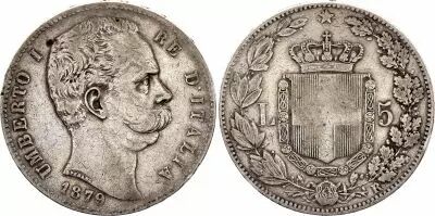 Italy 5 Lire Umberto I - Arms - 1879 R Rome Silver
