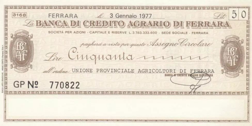 Banknote Italy 50 Lire Banca Di Credito Agrario Di Ferrara 1977 Unc