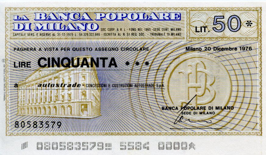 Banknote Italy 50 Lire Banca Popolare Di Milano 1976 Milano Unc
