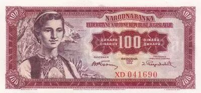 Jugoslawien 100 Dinara  - Woman wearing national costume  l- 1955 - Serial XD