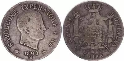 Kingdom of Napoleon 5 lire Napoleon I 1809 M Milan - Silver - KM.10