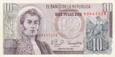 Kolumbien 10 Pesos Gal Narino- 07-08-1980 - Serial AZ - UNC - P.407