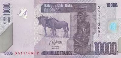 Kongo (RDC) 10000 Francs - Statue - Gnu, birds - 2022