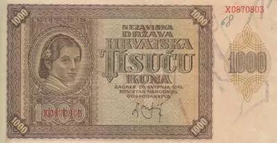 Kroatien 1000 Kuna - Young girl - Mountains - 26-05-1941 - Serial X