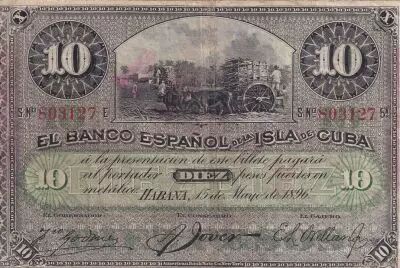 Kuba 10 Pesos - Harvesting sugar cane Overprint PLATA - 1896