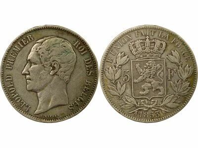 Leopold I - 5 Silver Francs, Bare Head - 1853 Bussels